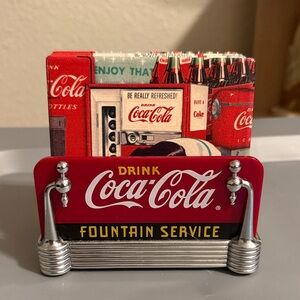 Coca Cola Red Fountain Service Coasters and Holder